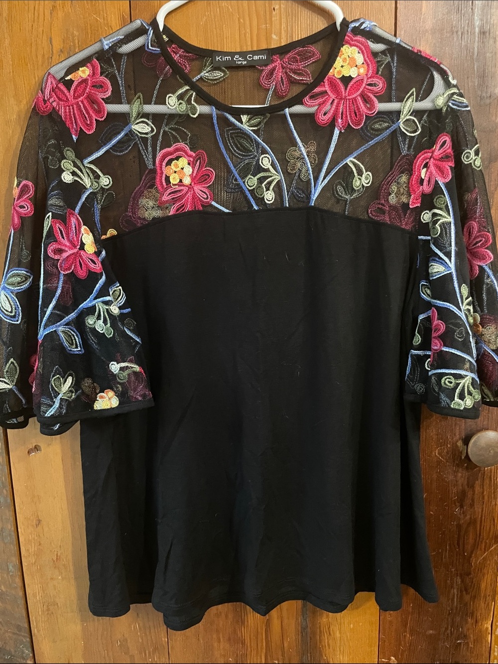 Kim & Cami Black Mesh Floral Embroidered Women's Top